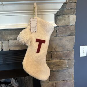 The North Pole Cream Red Plush Sherpa Christmas Stocking Initial T Monogram NEW